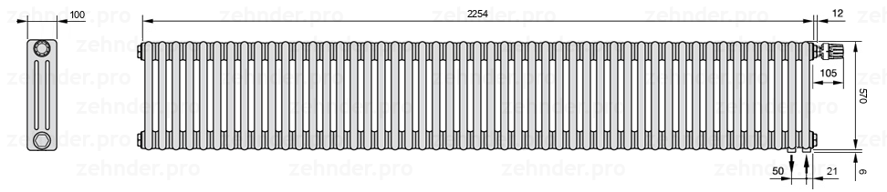 Схема (чертеж) Радиатор Zehnder Charleston 3057/49 №V002 Technoline TL